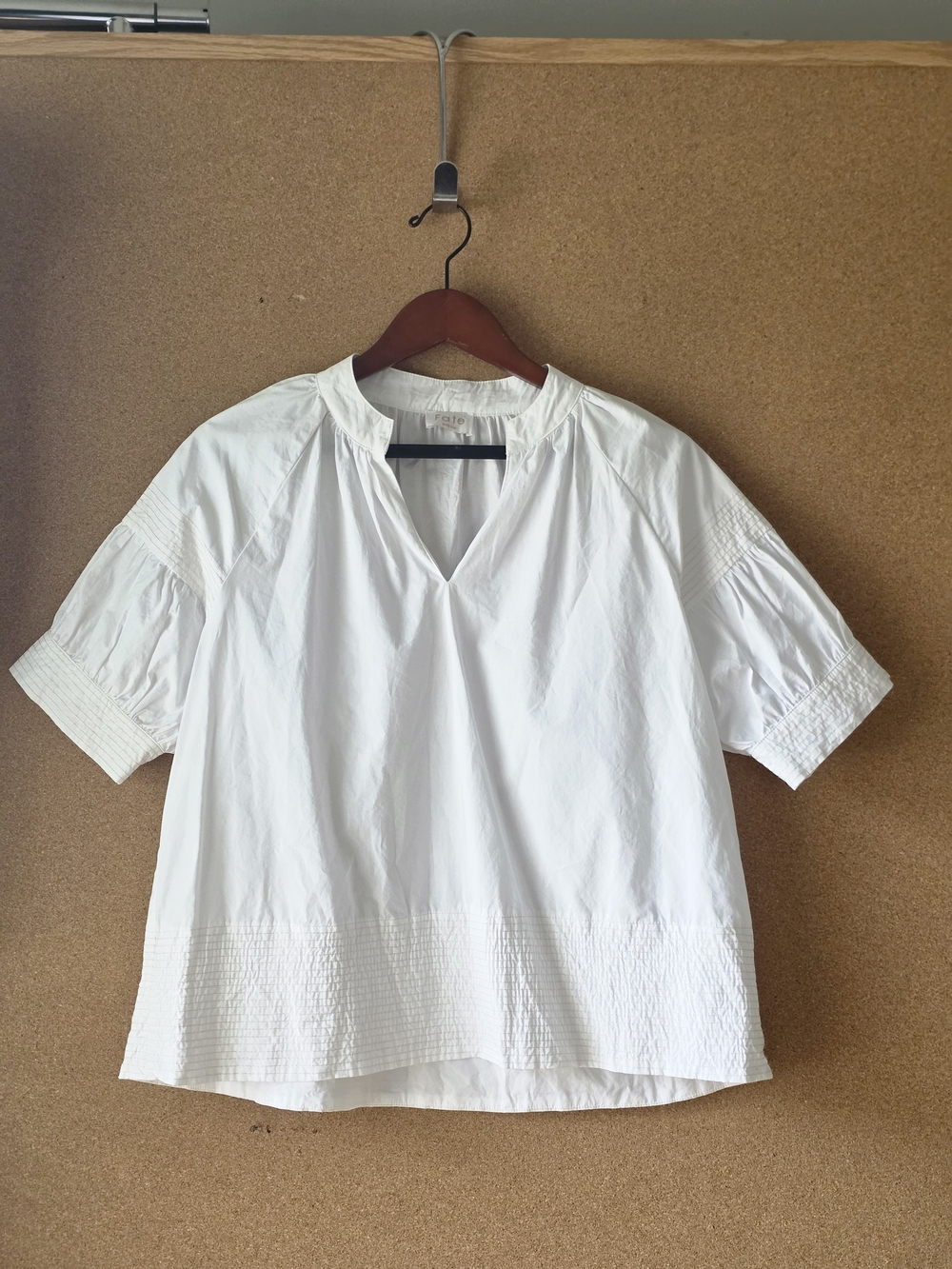 Fate Crisp White Textured 100% Cotton V‑Neck Blouse  Medium Puff Sleeves
